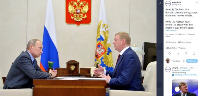 Anatoli Tschubais (rechts) hat Wladimir Putin wegen dem Ukraine-Krieg den Rücken gekehrt und hat seinen Posten geräumt. Ukraine-Krieg