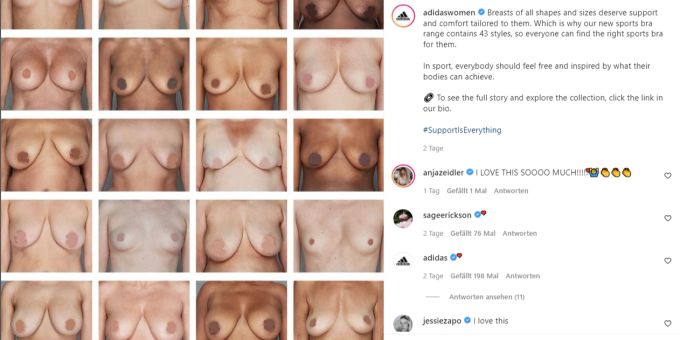 Adidas hat mit dieser Werbung eine Kontroverse ausgelöst. Auf Instagram haben sie das Bild zensiert gepostet, da es sonst gegen die Instagram-Regeln verstossen würde. adidas brüsten