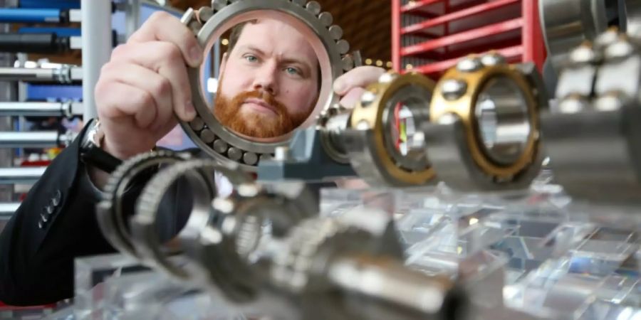 Beschäftigter zeigt Wälzlager aus Stahl