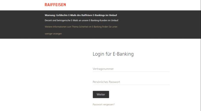 Auf ihrer Webseite warnte die Raiffeisen vor betrügerischen E-Mails. Raiffeisen