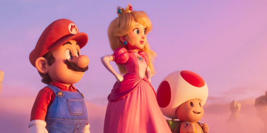 Mario (l-r), Princess Peach und Toad in einer Szene des Films «Der Super Mario Bros. Film».