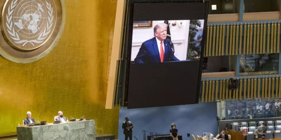 Hat während seiner Videobotschaft schwere Vorwürfe an China erhoben: US-Präsident Donald Trump (Bildschirm). Foto: Un Photo/Rick Bajornas/UN Photo/AP/dpa