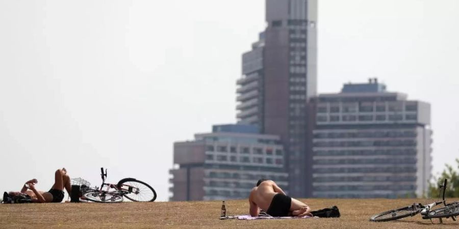 Sonnenanbeter liegen in Pulheim auf einer vertrockneten Wiese in der Sonne. Foto: Oliver Berg/dpa