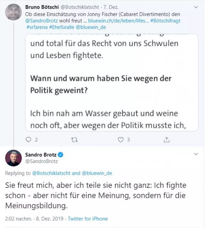 Sandro Brotz, Moderator der «Arena» auf SRF, reagiert auf das Lob von Comedian Jonny Fischer. Sandro Brotz SRF