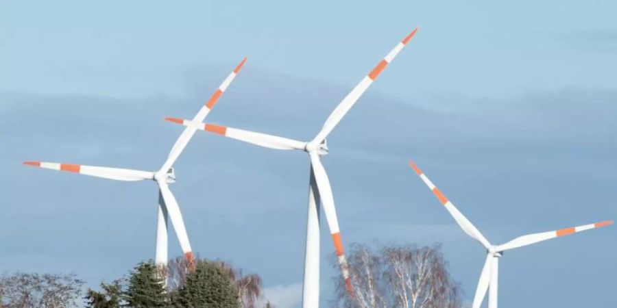 Windräder drehen sich hinter den Häusern von Krummensee im brandenburgischen Landkreis Barnim. Foto: Soeren Stache/zb/dpa