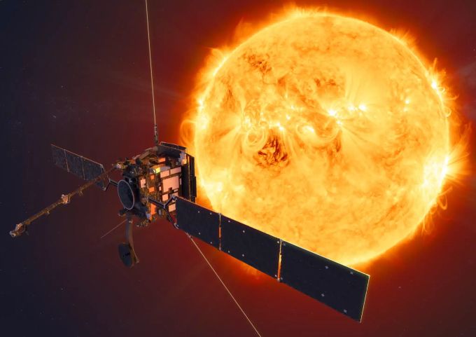 Die undatierte Computerzeichnung zeigt den Solar Orbiter vor der Sonne. solar orbiter