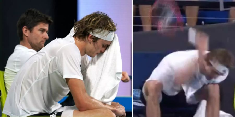 Während des ATP Cup in Brisbane zerstört Alexander Zverev seinen Schläger in der Pause zwischen dem zweiten und dem dritten Satz.