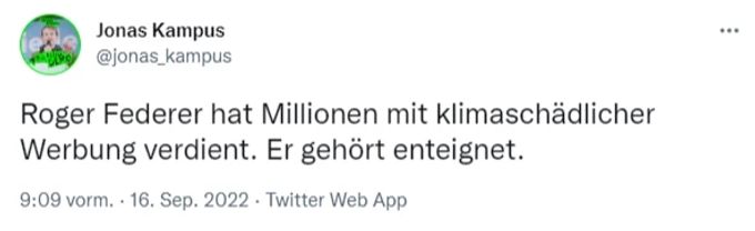 Jonas Kampus von der GSoA geht sogar noch weiter: Er möchte den «Maestro» wegen klimaschädlicher Werbung enteignen. Tweet Jonas Kampus