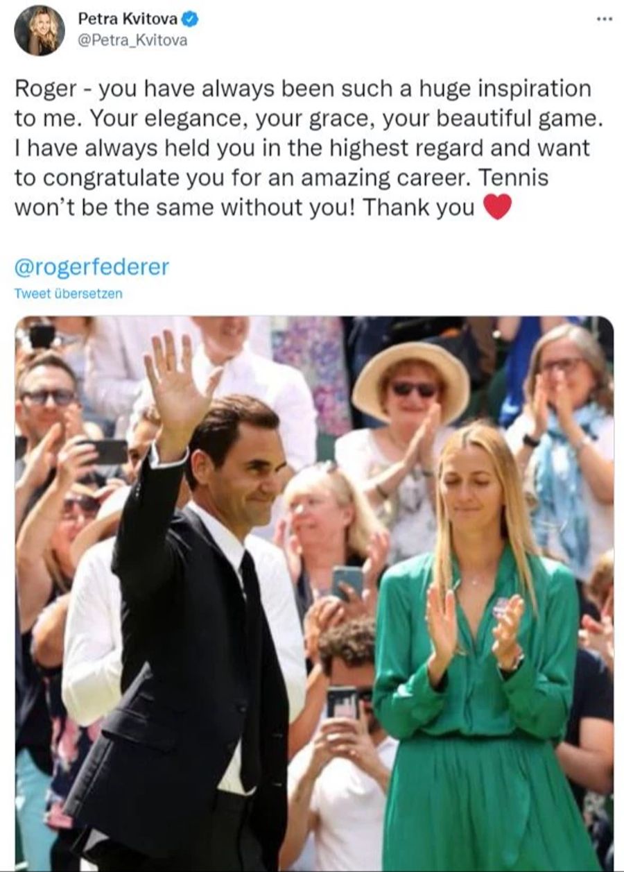 Petra Kvitova nennt Roger Federer «eine riesige Inspiration». «Deine Eleganz, deine Grazie, dein wunderschönes Spiel», schreibt sie.