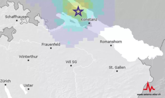 Das Epizentrum des Erdbeben befand sich etwa 10 km nordwestlich von Konstanz (D) auf der Halbinsel Bodanrück beim Bodensee. Erdbeben Bodensee
