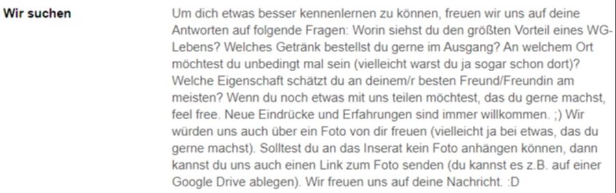 Bevor man in diese WG einziehen kann, muss man ein Foto abschicken und diese Fragen beantworten.