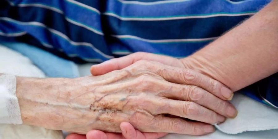 Eine Krankenpflegerin der Onkologie im Klinikum in Nürnberg hält die Hand eines Patienten. Foto: picture alliance / dpa