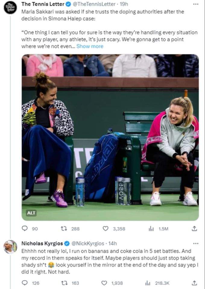 Via X (ehemals Twitter) steigt Nick Kyrgios in eine Diskussion ein und schlägt sich auf die Seite der Anti-Doping-Komission. Twitter