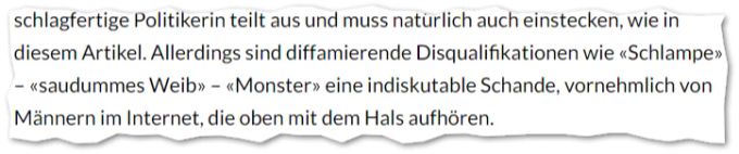 Auch gegen Kritiker der Sozialdemokratin fährt der Autor schwere Geschütze auf. Passage Nebelspalter
