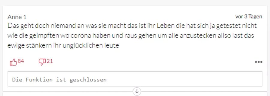 Diese Userin findet es unmöglich, dass Eglis Impfstatus öffentlich diskutiert wird.