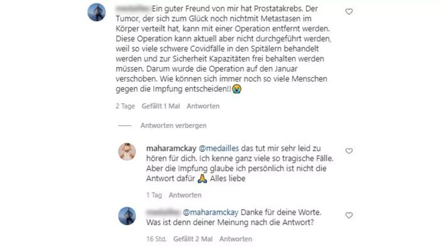 Mahara McKay ist gegen die Covid-Impfung. (Username von Nau.ch unkenntlich gemacht)