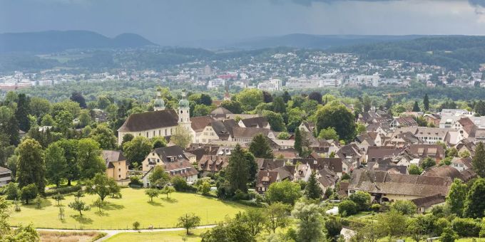 Blick von der Ermitage aus auf den Dorfkern und Dom zu Arlesheim. Blick von der Ermitage aus auf den Dorfkern und Dom zu Arlesheim.