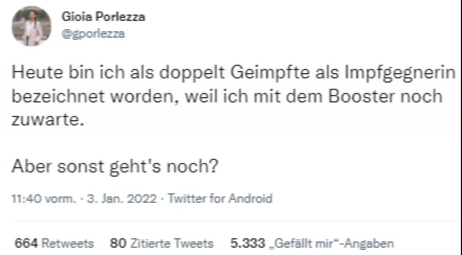 Gioia Porlezza erzählt, dass sie wegen fehlendem Booster als Impfgegnerin bezeichnet worden ist.