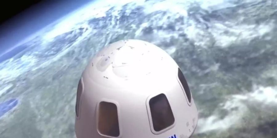 Diese undatierte Illustration von Blue Origin zeigt die Kapsel, mit der die Firma Touristen ins All bringen will. Ein Sitzplatz für den ersten bemannten Weltraumflug ist für 28 Millionen US-Dollar versteigert worden. Foto: Uncredited/Blue Origin/AP/dpa