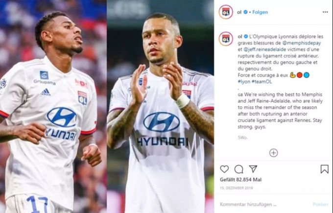 Olympique Lyon informiert auf Instagram über die Verletzungen von Jeff Reine-Adelaide und Memphis Depay. OL