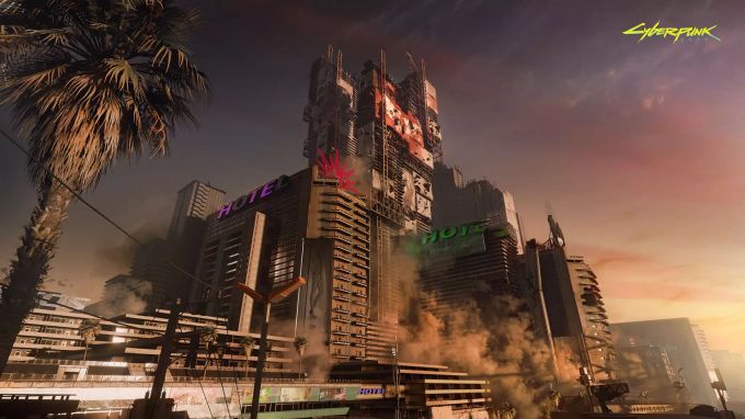 Die Stadt «Night City» wird kleiner ausfallen als die Map aus The Witcher 3: Wild Hunt. Es sei mehr Inhalt auf weniger Raum zu erwarten, teilten die Entwickler mit. Night City Abendhimmel Palme