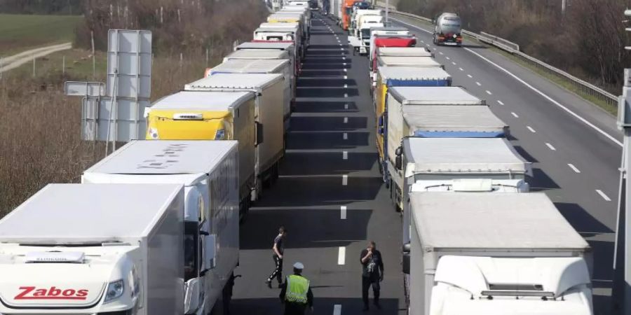 Lastwagen stehen auf der Autobahn nahe österreichisch-ungarischen Grenze im Stau. Foto: Ronald Zak/AP/dpa