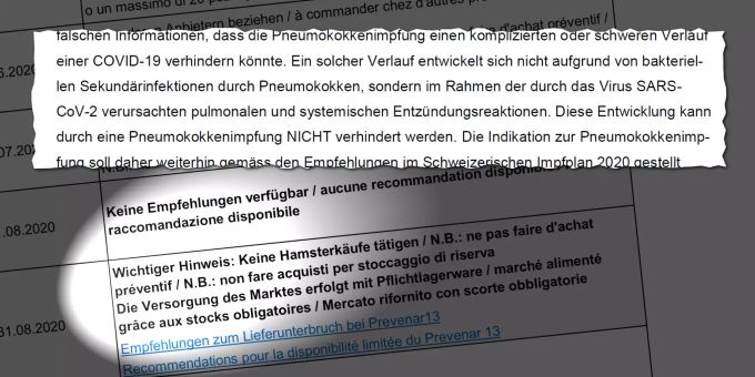 «Keine Hamsterkäufe», muss das Bundesamt für Wirtschaftliche Landesversorgung warnen, denn gewisse Leute hamstern die eigentlich für Babys benötigten Pneumokokken-Impfungen zusammen. Immerhin kann der Bedarf von «Prevenar» noch aus Pflichtlagern abgedeckt werden;. Für «Pneumovax» (nur für Erwachsene) gibt es keine Empfehlung. Pneumokokken BLW BAG Impfung