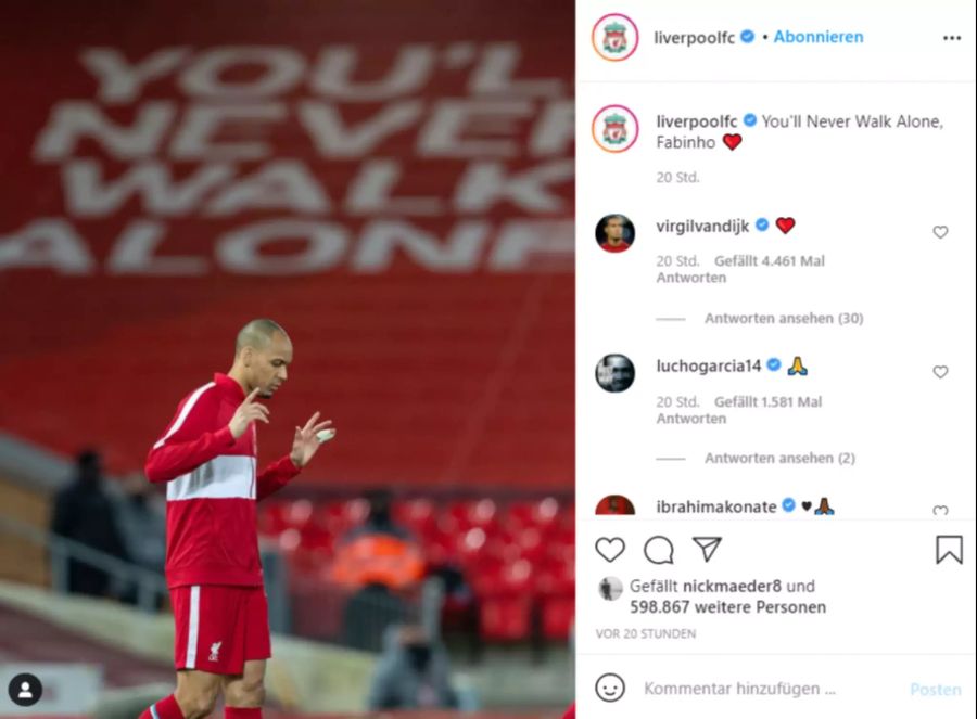 «You'll Never Walk Alone, Fabinho», schreibt der FC Liverpool auf Instagram.