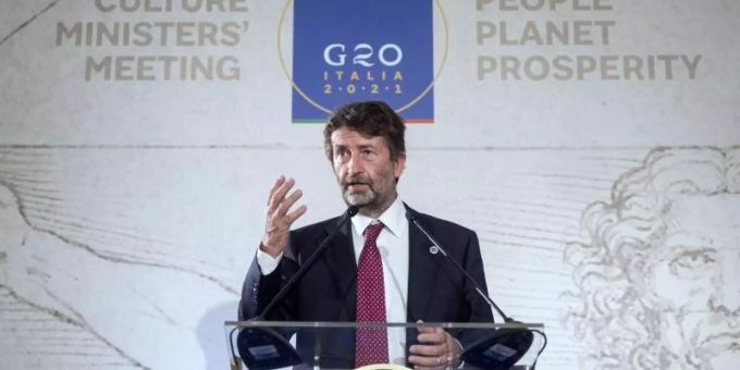 Italiens Kulturminister Dario Franceschini spricht während der Pressekonferenz zum Abschluss des G20-Kulturministertreffens. Foto: Lapresse / Roberto Monaldo/LaPresse via ZUMA Press/dpa Italiens Kulturminister Dario Franceschini spricht während der Pressekonferenz zum Abschluss des G20-Kulturministertreffens. Foto: Lapresse / Roberto Monaldo/LaPresse via ZUMA Press/dpa