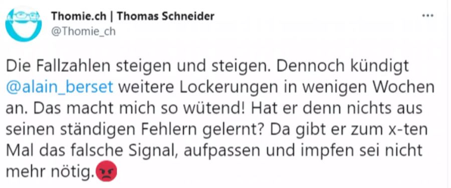 Twitter-User Thomas Schneider machen Alain Bersets Aussagen zu den Lockerungen im Kampf gegen das Coronavirus «so wütend».