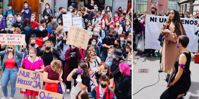 Demonstration vor dem Gericht in Basel wegen der Strafminderung eines Vergewaltigers. Basel