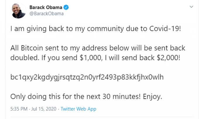 Die Aufnahme zeigt einen gehackten Tweet des ehemaligen US-Präsidenten, Barack Obama. «Ich gebe meiner Community wegen Covid-19 etwas zurück»: Mit diesen Worten und in Anspielung auf die Coronavirus-Krise begann die Botschaft, in der versprochen wurde, eingeschickte Bitcoins doppelt zurückzuzahlen. Twitter-Hack auf Prominenten-Accounts