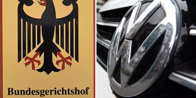 Ein Hinweisschild mit Bundesadler und Schriftzug Bundesgerichtshof (BGH) und ein VW Logo (Kombo). Der 6. Zivilsenat urteilt über eine Klage gegen den Autobauer VW im Dieselskandal. BGH Volkswagen vw schadenersatz