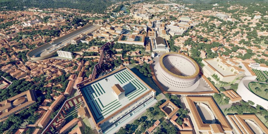 Das computergenerierte Bild zeigt eine Luftaufnahme des antiken Roms im Jahr 320 n. Chr. mit dem Kolosseum (M) als 3D-Rekonstruktion «Rome Reborn 4.0».