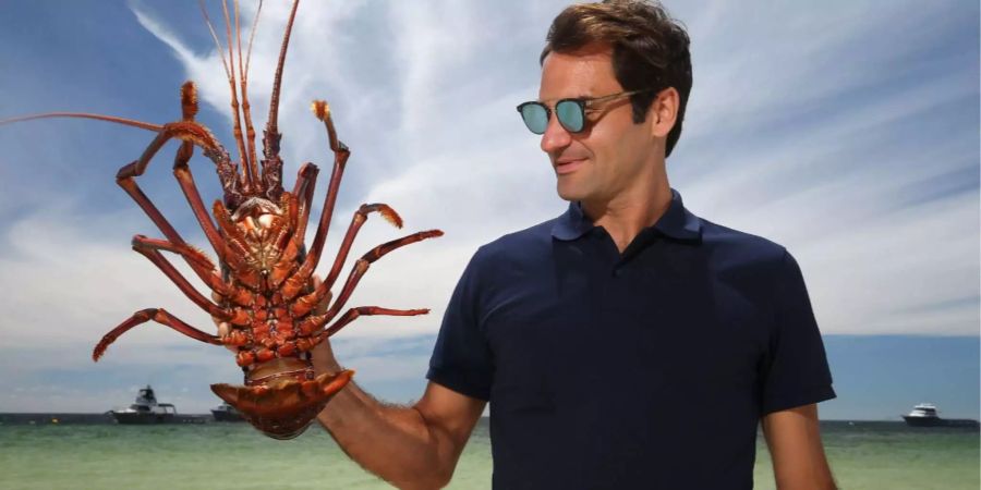 Roger Federer hält einen Hummer, der ihn in die Hand zwickte.