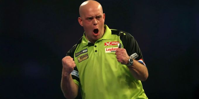 Der Niederländer Michael van Gerwen gewinnt die diesjährige Darts-Weltmeisterschaft und freut sich nach seinem finalen Dart.