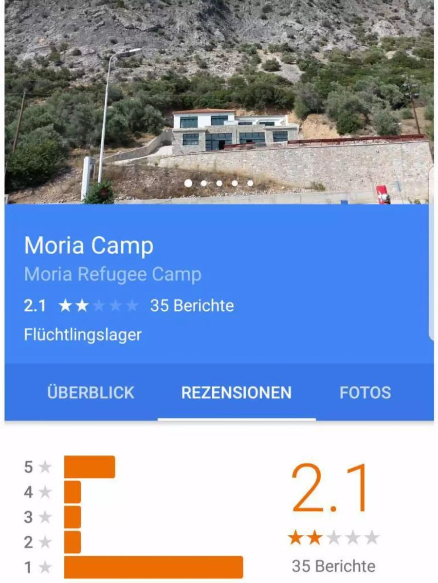 Das Camp Moria auf der Insel Lesbos ist mit 2.1 relativ schlecht bewertet.