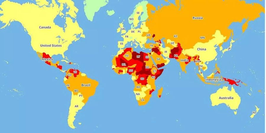 Sicherheit weltweit: Dunkelrot ist sehr gefährlich, gelb ist mehrheitlich sicher, grün heisst sicher.