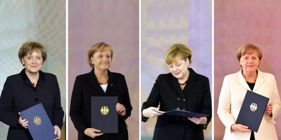 Angela Merkel bei ihrer Wahl zur Bundeskanzlerin 2005, 2009, 2013 und heute.