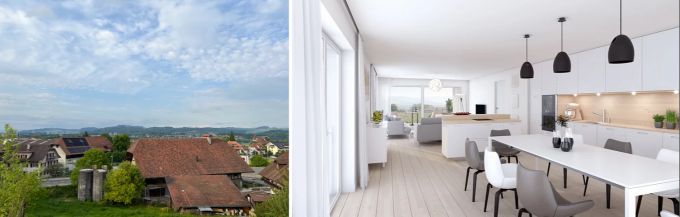 Traumhafte Aussicht in die Ferne – lichtdurchflutete und grosszügige Räume. Kehrsatz