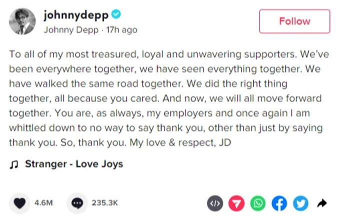 Johnny Depp bedankt sich unter einem TikTok-Video bei seinen Fans für die Unterstützung während des Prozesses. johnny depp tiktok