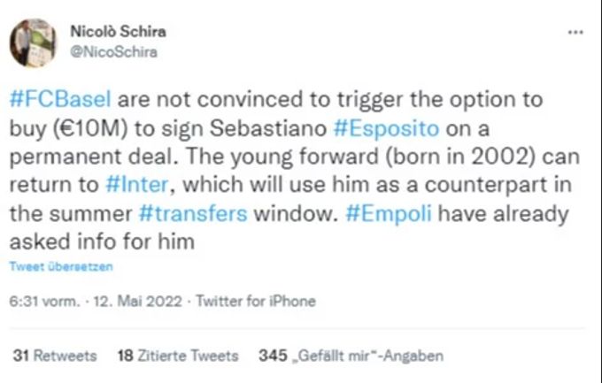 Transfer-Experte Nicolo Schira schreibt über das Interesse an Sebastiano Esposito. FC Basel