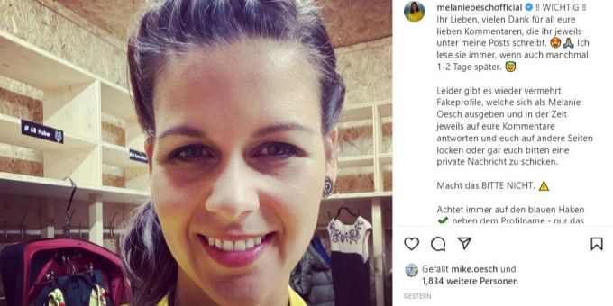 Melanie Oesch warnt ihre Fans. melanie oesch