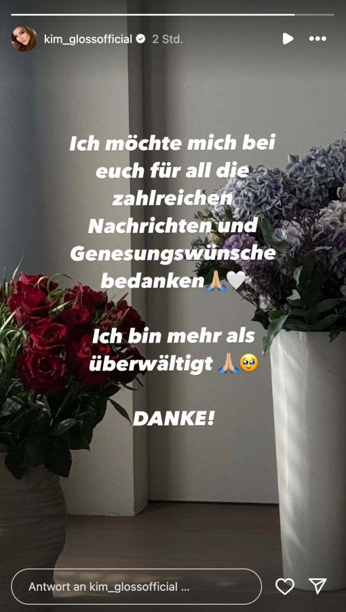 Kim Gloss bedankt sich in ihrer Story für die Genesungswünsche nach ihrer OP. Kim Gloss OP