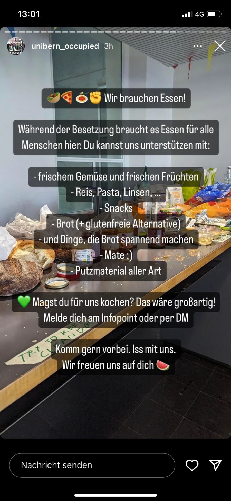 Die Gruppe forderte die Instagram-Follower dazu auf, unter anderem glutenfreies Brot vorbeizubringen.