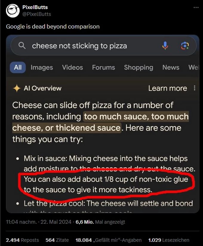 Googles KI-Suche rät: Der Pizza-Suche einfach Kleber hinzufügen. ki google suche