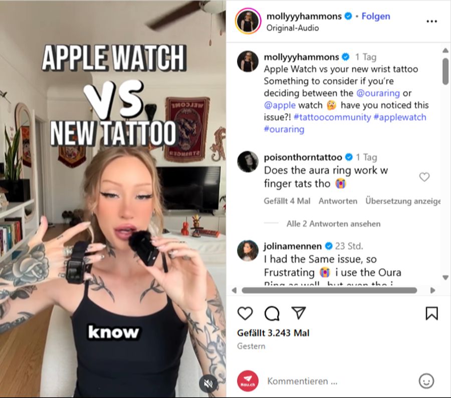 Tattoos stören die Apple Watch – auf Instagram häufen sich die Beschwerden.