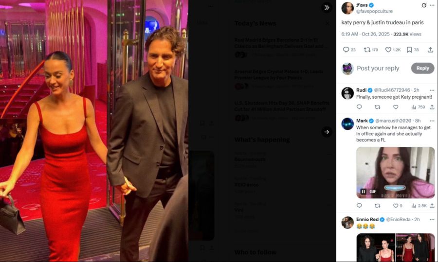 In rotem Kleid und dunklem Anzug: Katy Perry strahlt, Trudeau lächelt – ein elegantes Statement der neu bestätigten Liaison auf den Strassen von Paris.