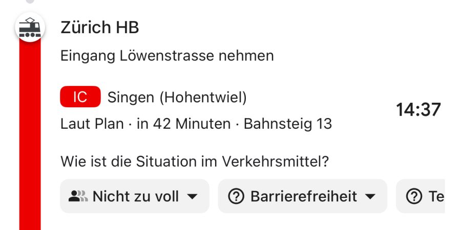 «Eingang Löwenstrasse nehmen»: Die neue Google-Maps-Funktion zeigt den schnellsten Bahnhofseingang zum Abfahrtsgleis.