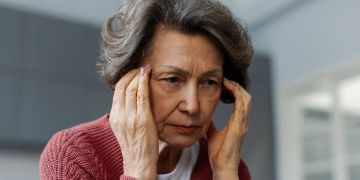 Nachdenkliche Frau fasst sich an die Schläfen